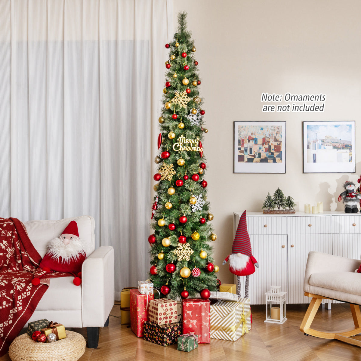 6/7/8 FT Pre-Lit Pencil Artificial Christmas Tree with 120/150/200 LED Warm White Lights and 8 Modes-8 FT