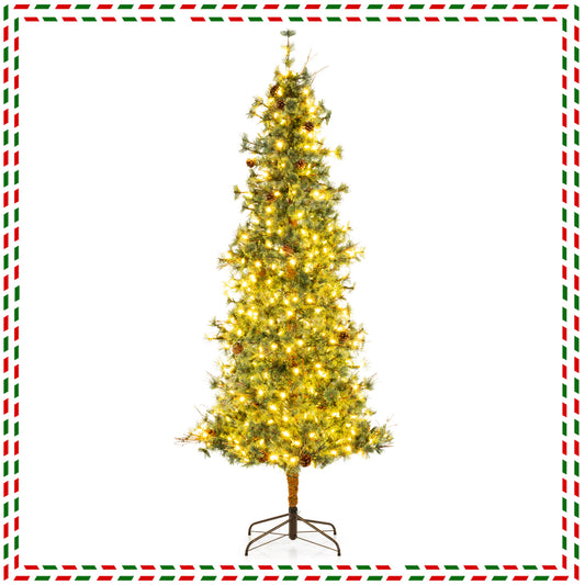 8-foot artificial Christmas tree with warm white LED lights, pine cones, pre-lit hinged design, ideal for holiday decor.
