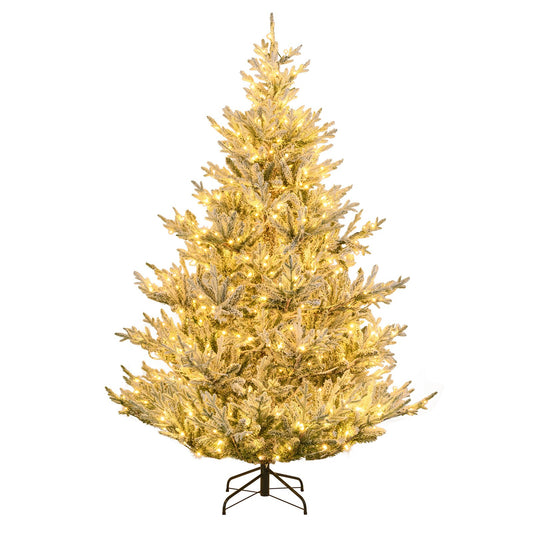 6/7/8 Feet Pre-Lit Artificial Christmas Tree Hinged Snow Flocked Xmas Tree-7 ft