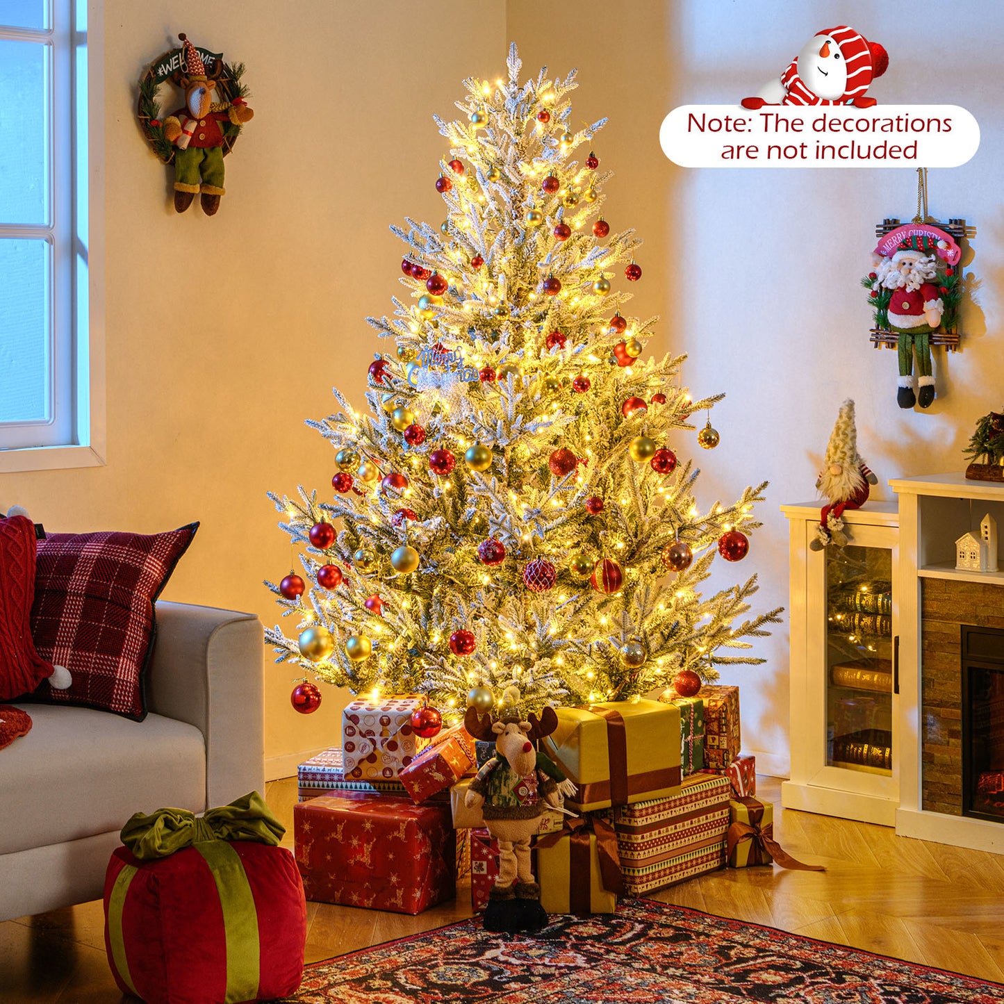 6/7/8 Feet Pre-Lit Artificial Christmas Tree Hinged Snow Flocked Xmas Tree-6 ft
