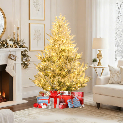 6/7/8 Feet Pre-Lit Artificial Christmas Tree Hinged Snow Flocked Xmas Tree-6 ft