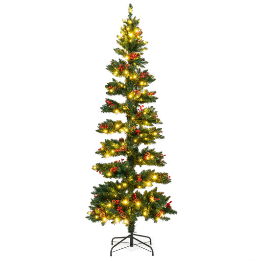 7 ft pre-lit artificial Christmas tree with spiral design, 612 branch tips, and 8 lighting modes. Decor by Wilsons Home Store.