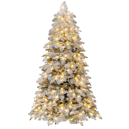 6/7 Feet Artificial Snow-flocked Christmas Tree Pre-lit Hinged Xmas Tree with 130 Twinkle Balls-7 Feet