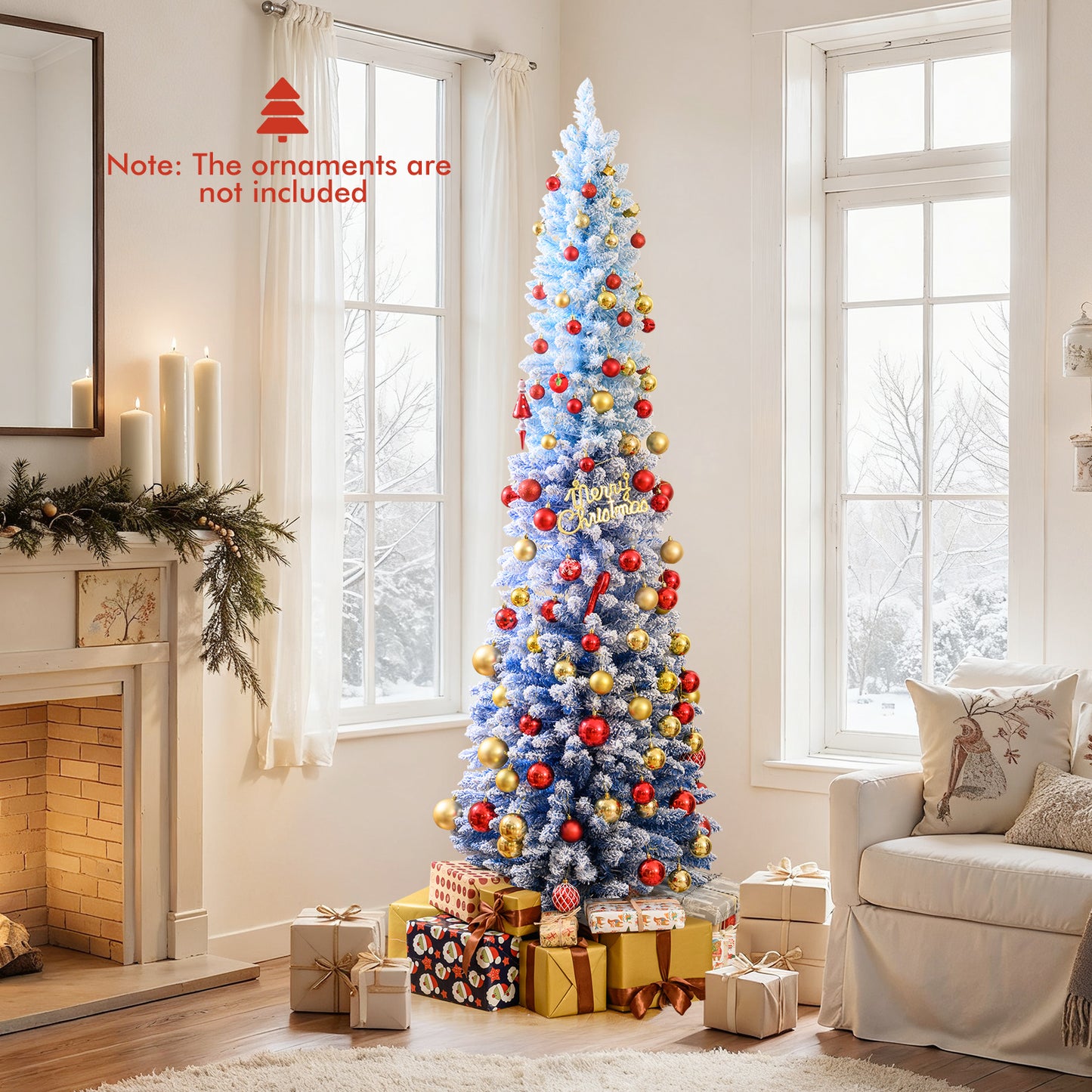 6/7 Feet Snow-flocked Artificial Christmas Tree Pre-lit Xmas Tree with 220/290 Warm White LED Lights-7 Feet