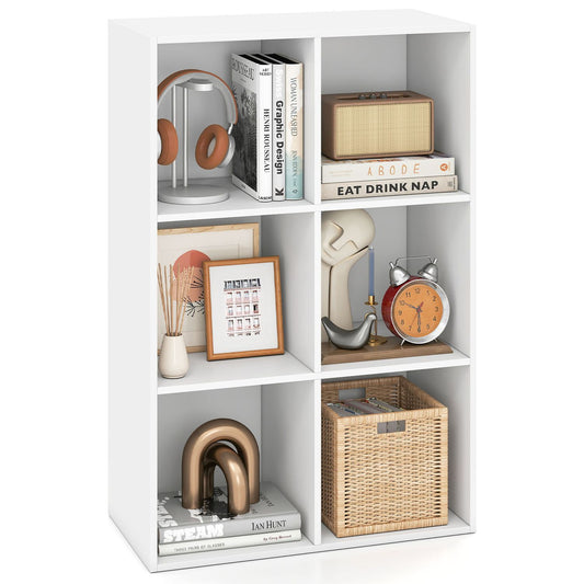 White 6-cube wooden bookshelf by Wilsons Home Store with tool-free assembly, modern design, perfect for home office or living room storage.