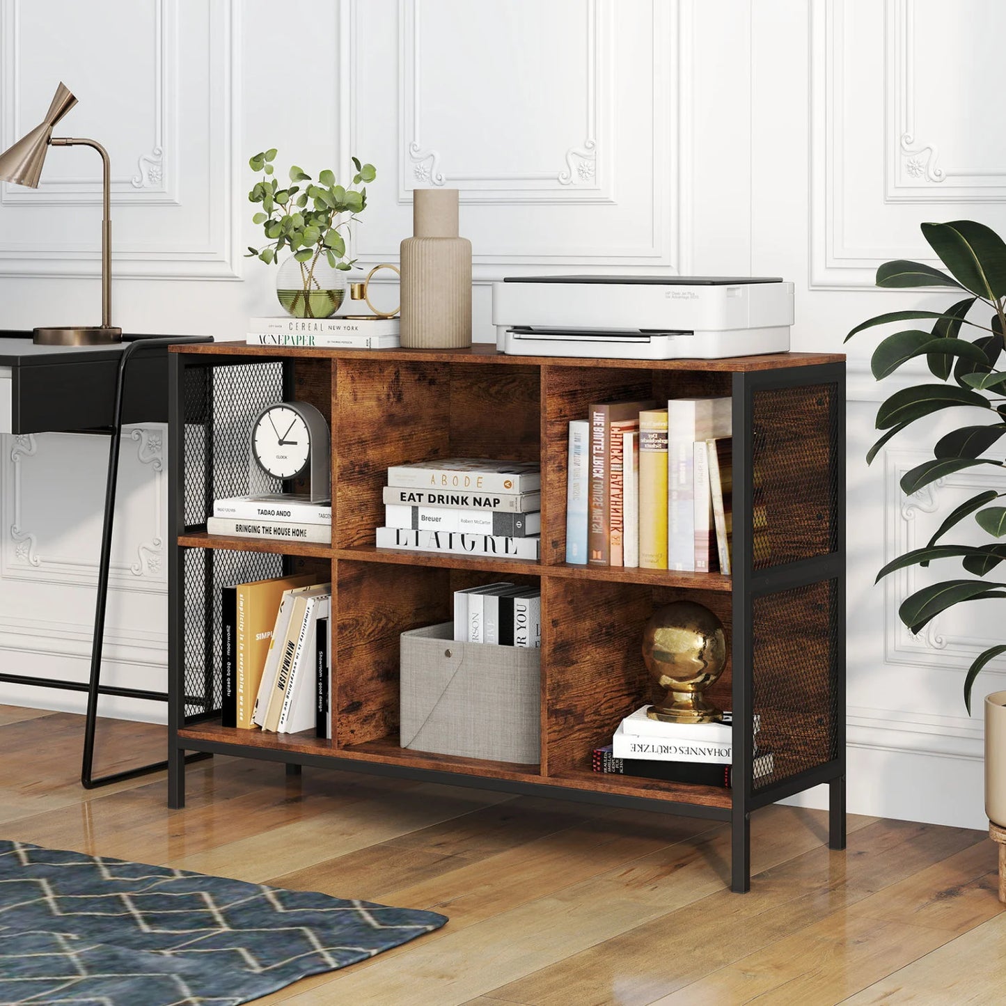Rustic brown 6-cube bookcase, 42 inches wide, with horizontal design and accent cubby shelf for home office storage.