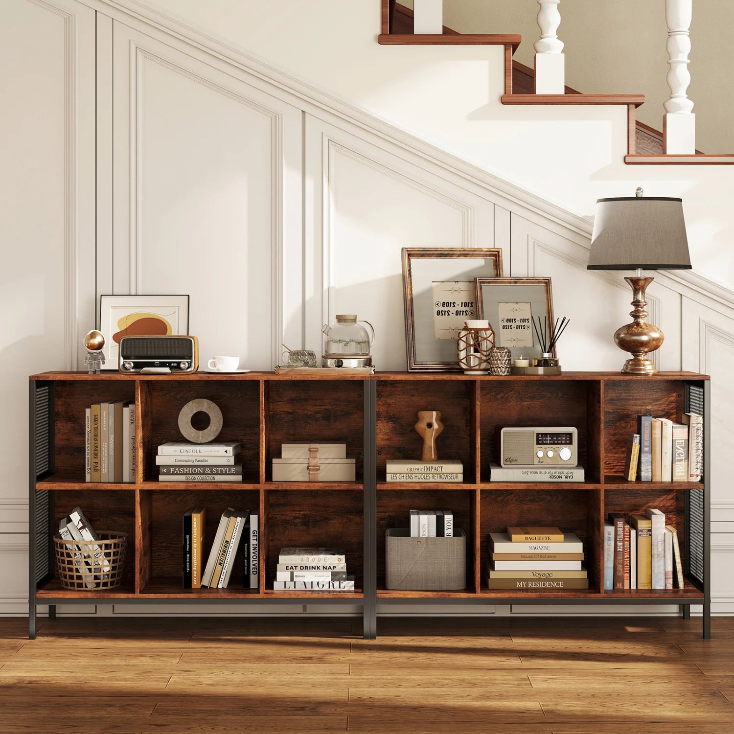 Rustic brown 6-cube bookcase, 42 inches wide, with horizontal design and accent cubby shelf for home office storage.