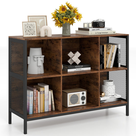 6 Cube Bookcase 42" Wide Horizontal Bookshelf with Accent Cubby Shelf-Rustic Brown