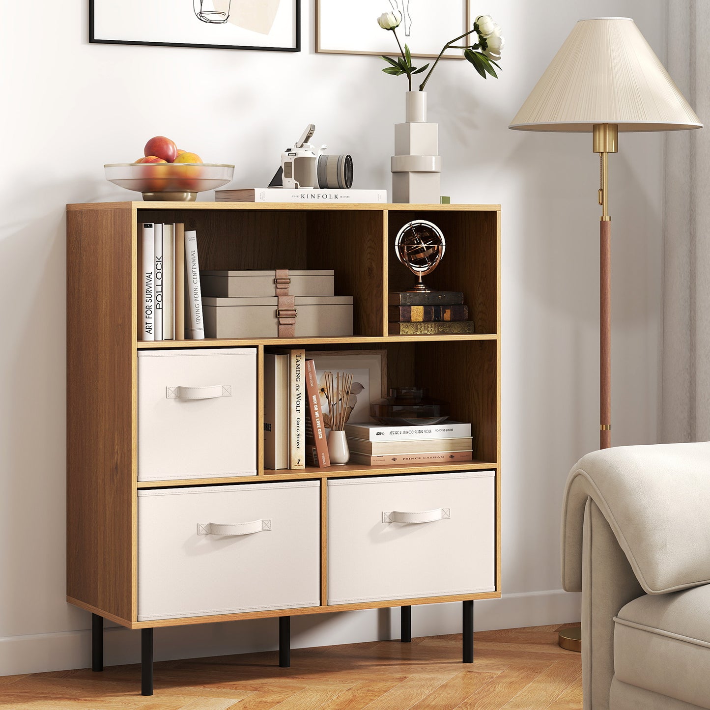 6-Cube Bookshelf with 3 Removable Folding Fabric Drawers for Living Room-Natural