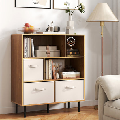 6-Cube Bookshelf with 3 Removable Folding Fabric Drawers for Living Room-Natural