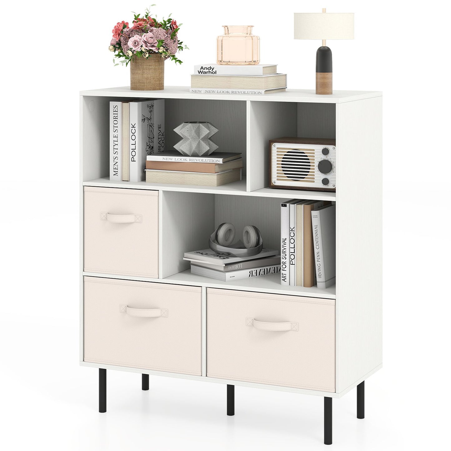 6-Cube Bookshelf with 3 Removable Folding Fabric Drawers for Living Room-Natural