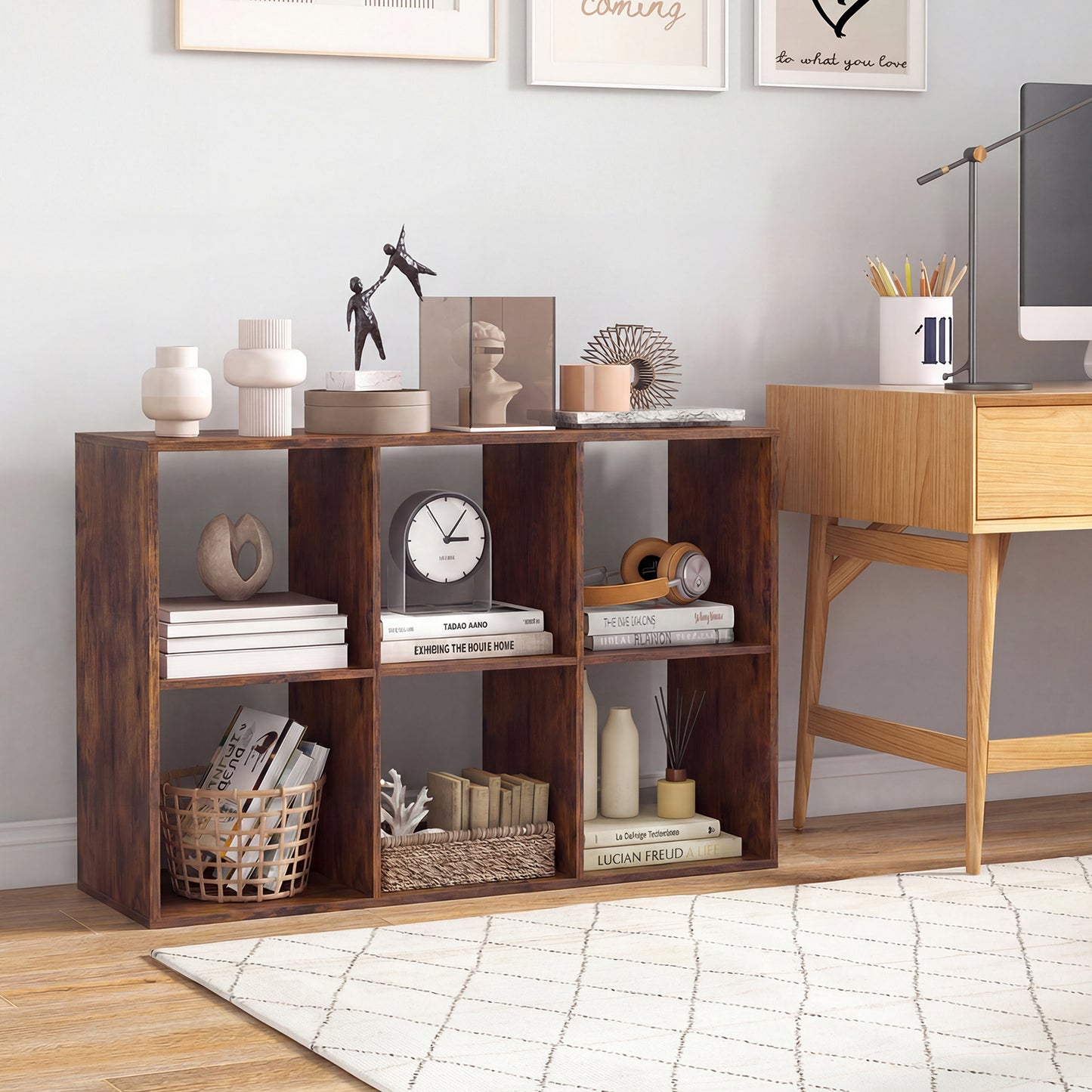 6 Cube Bookshelf with Back Guardrail for Living Room Bedroom-Black