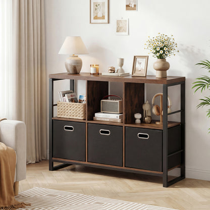 6 Cube Industrial Short Bookshelf with 3 Bins & Metal Frame and Open Shelves for Indoor-Rustic Brown