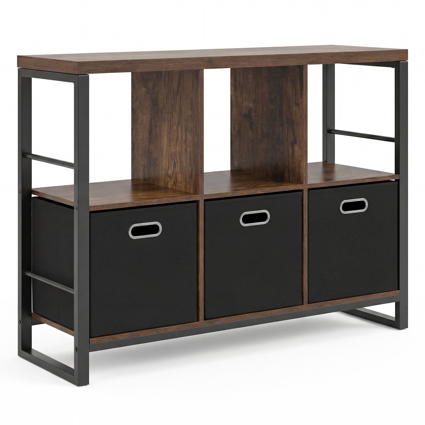 6 Cube Industrial Short Bookshelf with 3 Bins & Metal Frame and Open Shelves for Indoor-Rustic Brown