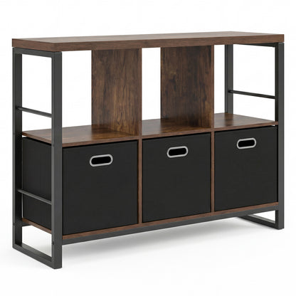 6 Cube Industrial Short Bookshelf with 3 Bins & Metal Frame and Open Shelves for Indoor-Rustic Brown
