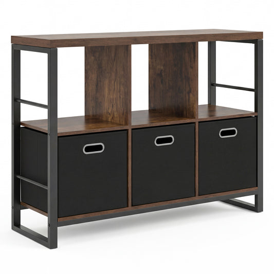 Industrial 6-cube short bookshelf with open shelves, metal frame, and 3 storage bins in rustic brown for home office organization