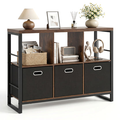 6 Cube Industrial Short Bookshelf with 3 Bins & Metal Frame and Open Shelves for Indoor-Rustic Brown