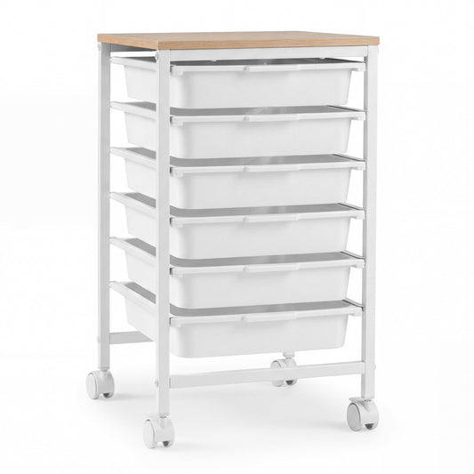 6-Drawer Rolling Storage Cart with Wooden Tabletop-White