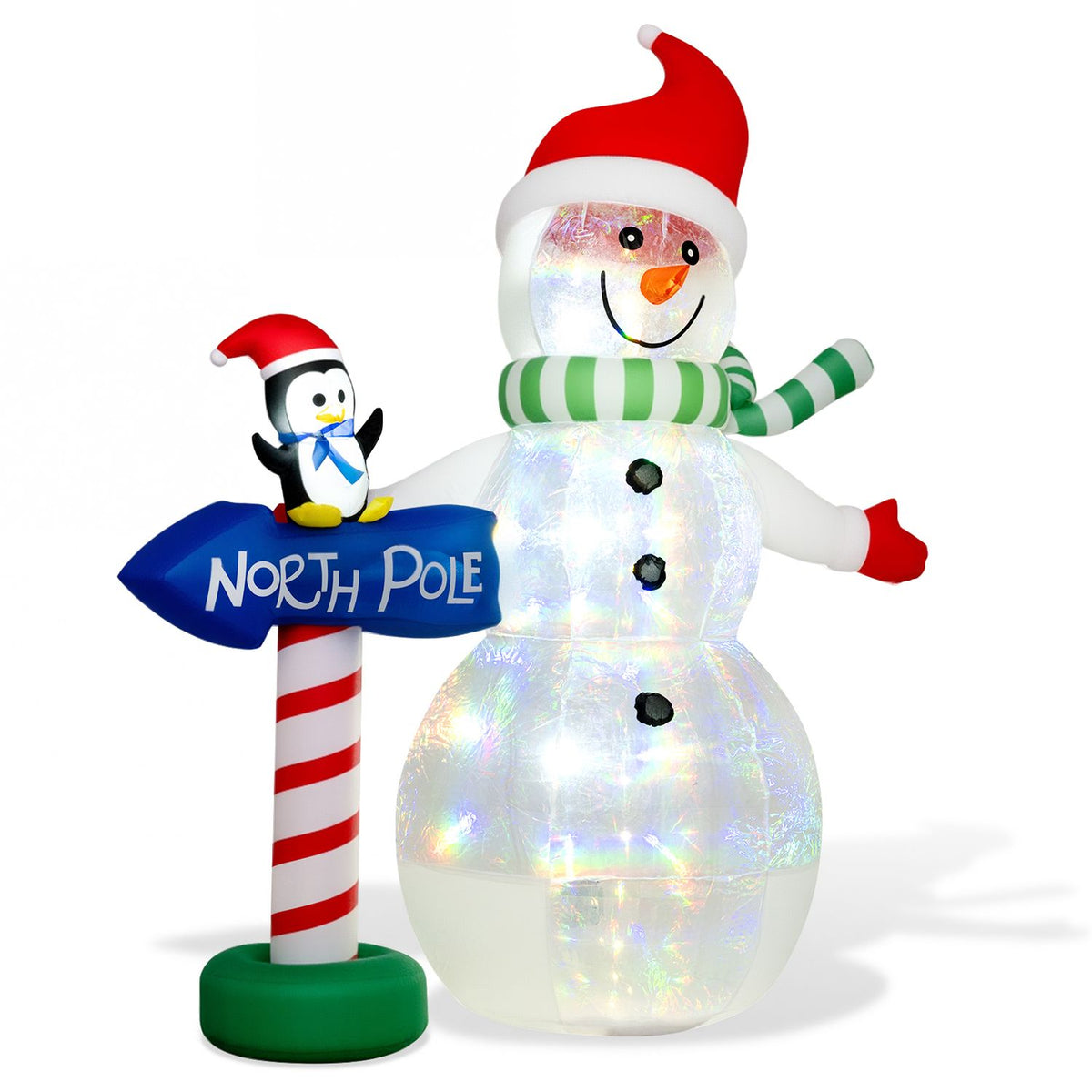 6 FT Christmas Inflatable Snowman Penguin and North Pole Sign with Colorful LED Lights