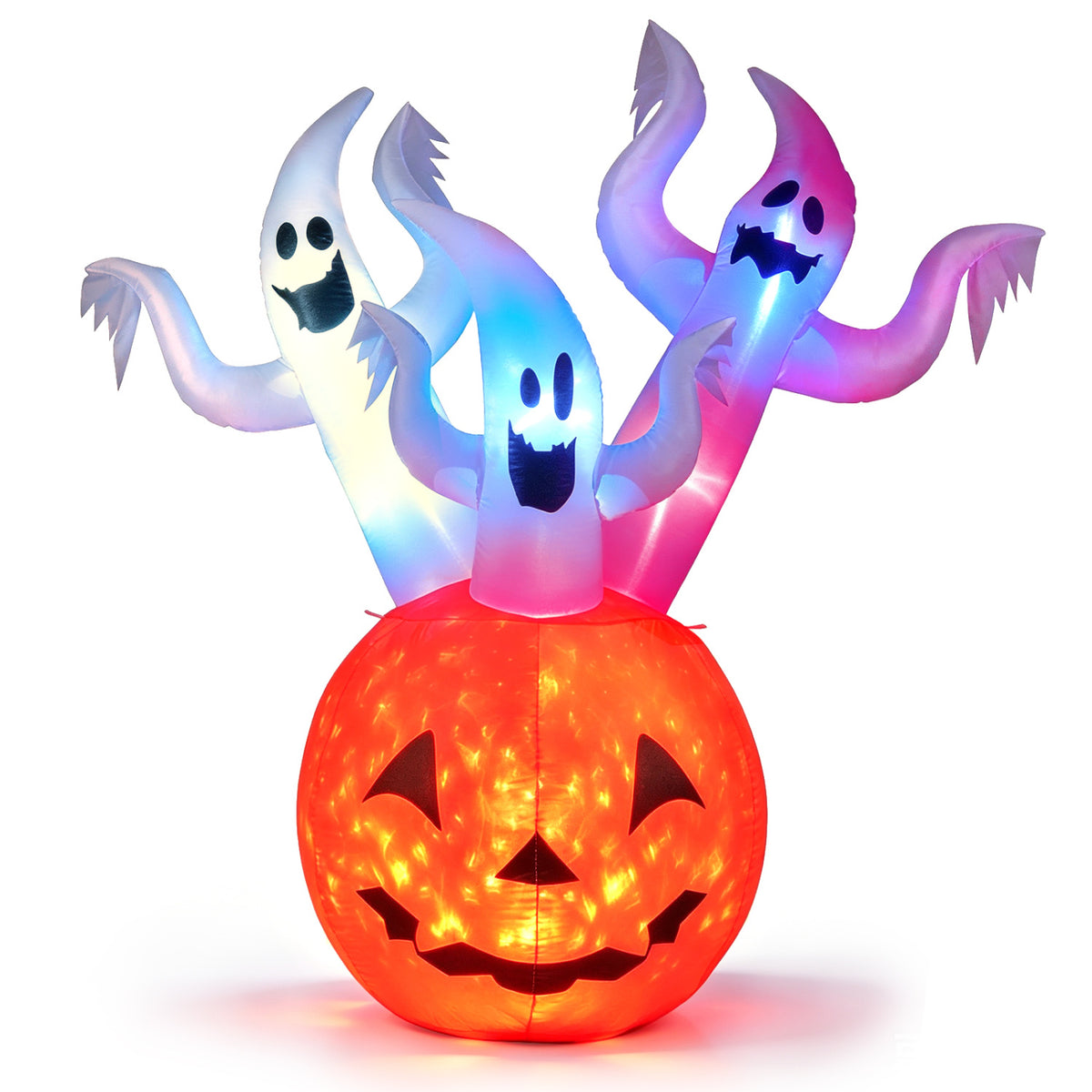 6 FT Inflatable Ghost Pumpkin with Colorful Lights and 2 Wind Ropes for Halloween