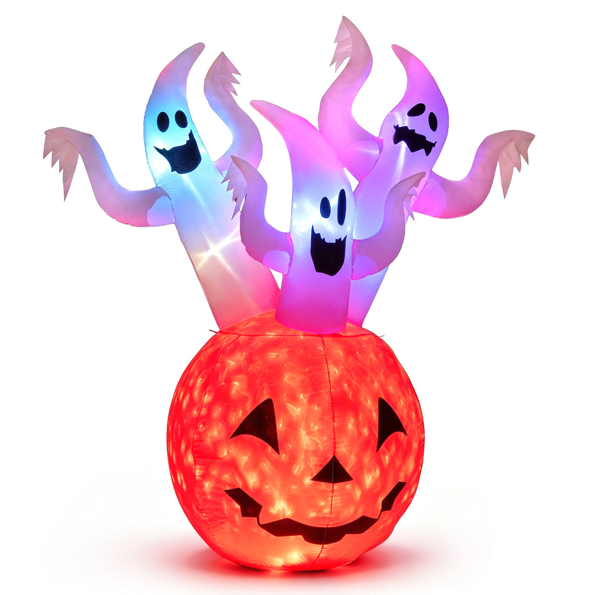 6 FT Inflatable Ghost Pumpkin with Colorful Lights and 2 Wind Ropes for Halloween