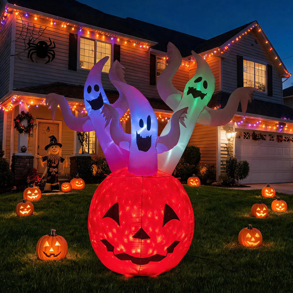 6 FT Inflatable Ghost Pumpkin with Colorful Lights and 2 Wind Ropes for Halloween