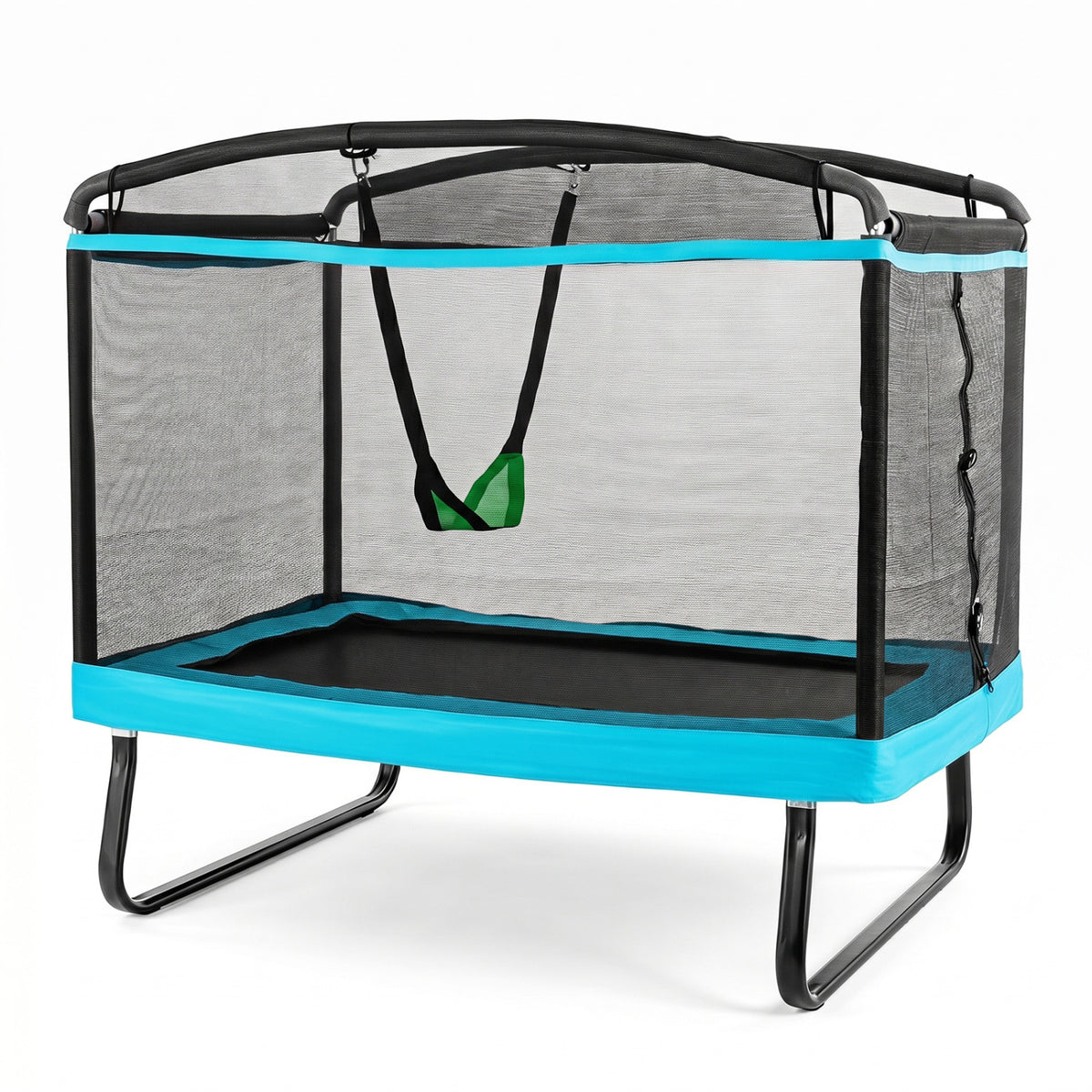 Blue 6 ft kids trampoline with safety enclosure net and swing for boys and girls, ideal for outdoor play ages 3 and up.
