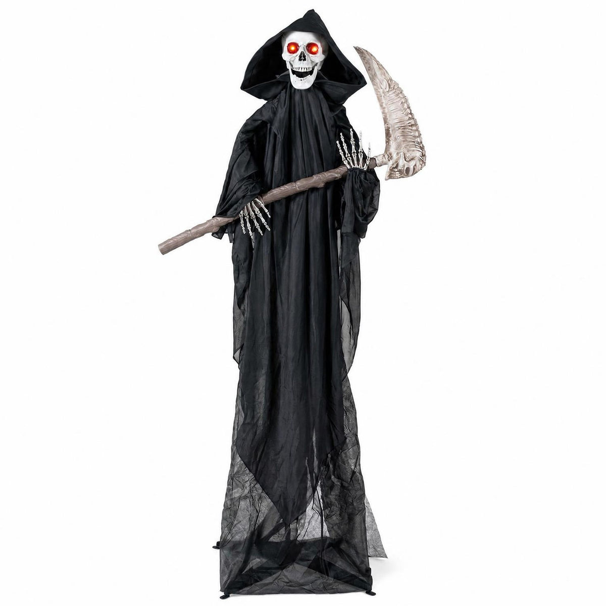 Lifelike 6-foot Grim Reaper Halloween decoration with scythe and bone-chilling sound effect for spooky holiday decor