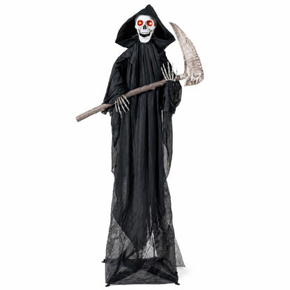Lifelike 6-foot Grim Reaper Halloween decoration with scythe and bone-chilling sound effect for spooky holiday decor