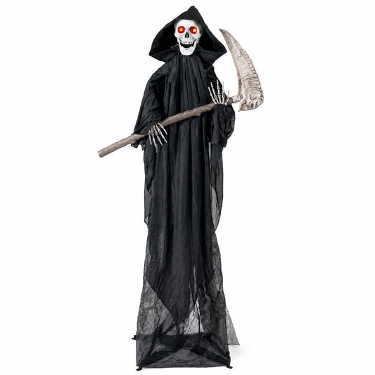 Lifelike 6-foot Grim Reaper Halloween decoration with scythe and bone-chilling sound effect for spooky holiday decor