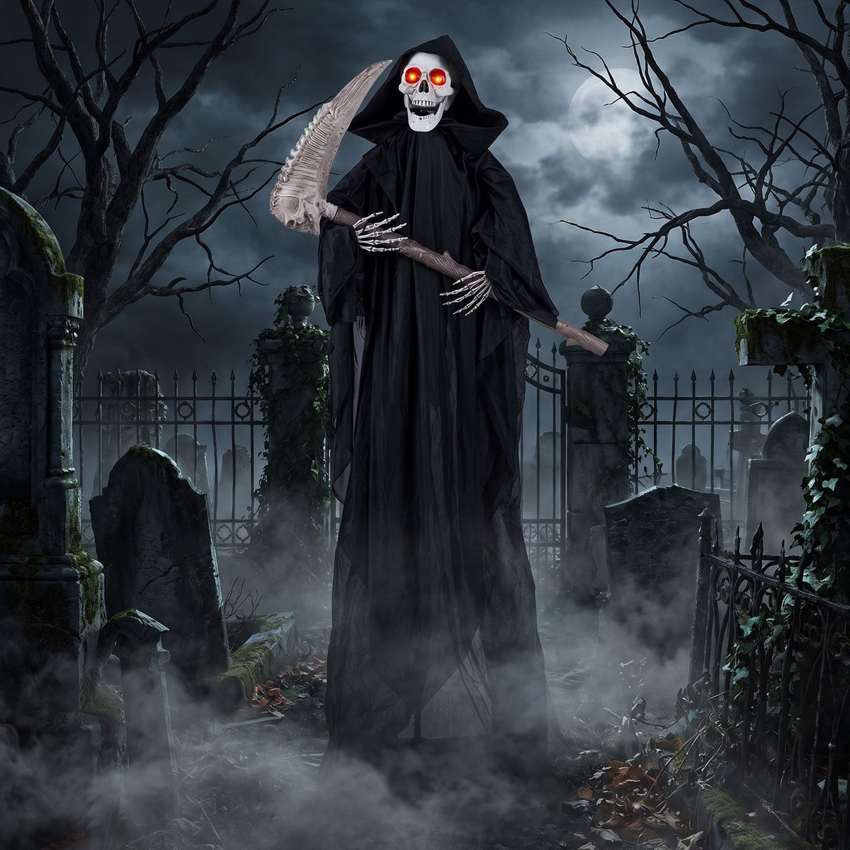 Lifelike 6 ft Grim Reaper Halloween decoration with scythe and bone-chilling sound, realistic spooky holiday decor by Wilsons Home Store