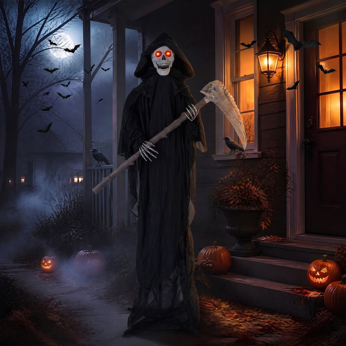 Lifelike 6-foot Grim Reaper Halloween decoration with scythe and bone-chilling sound effects, perfect for spooky holiday decor