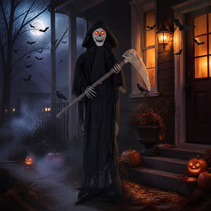 Lifelike 6-foot Grim Reaper Halloween decoration with scythe and bone-chilling sound effects, perfect for spooky holiday decor