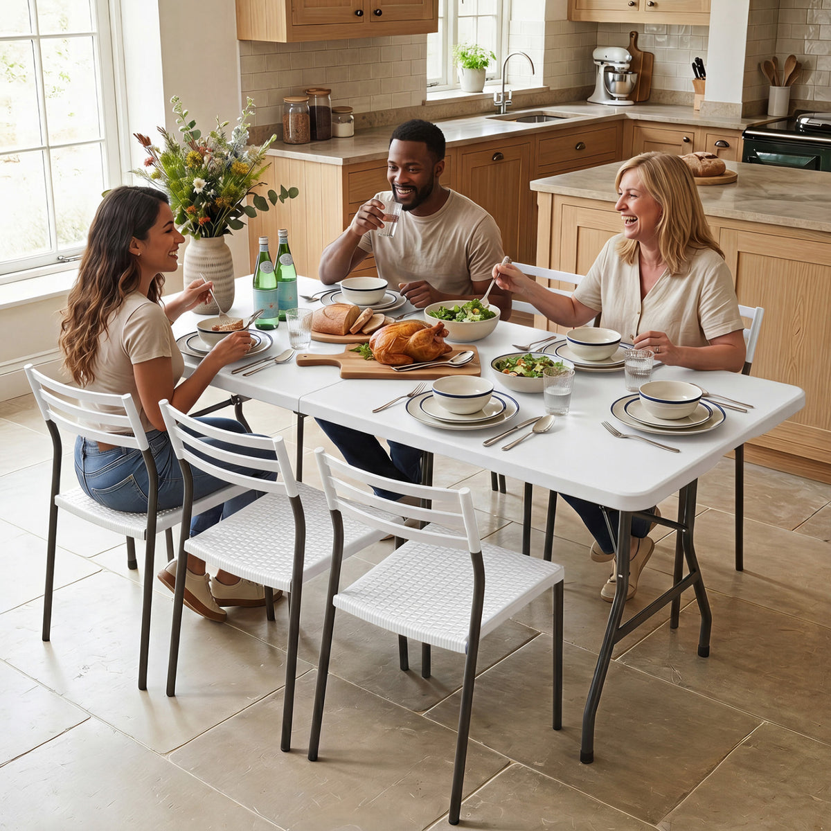 White 6 ft plastic fold-in-half camping table by Wilsons Home Store, ideal for outdoor picnics and patio gatherings.