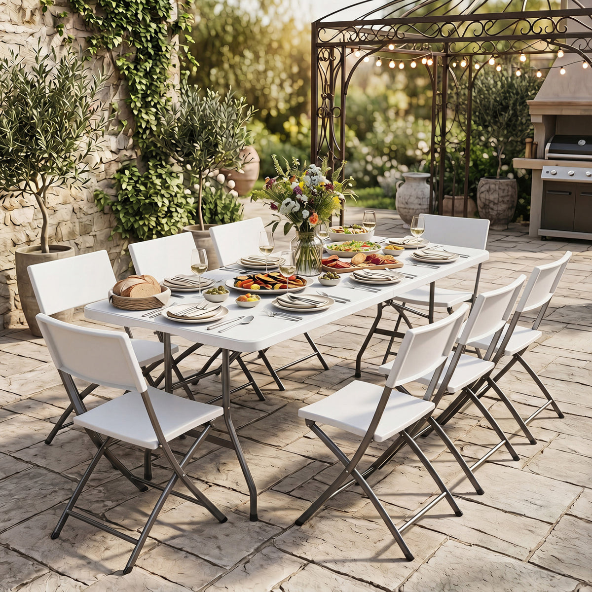 White 6 ft plastic fold-in-half camping table by Wilsons Home Store, perfect for outdoor picnics and patio use.