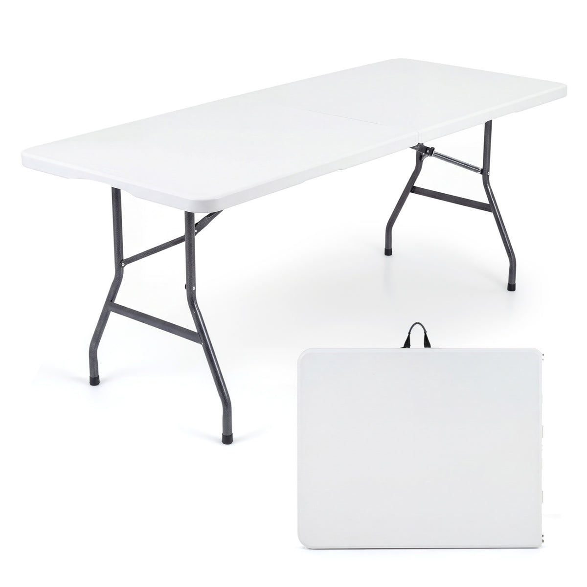 6 ft white plastic fold-in-half camping picnic table by Wilsons Home Store, outdoor patio furniture for camping and outdoor use.