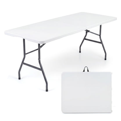 6 ft white plastic fold-in-half camping picnic table by Wilsons Home Store, outdoor patio furniture for camping and outdoor use.