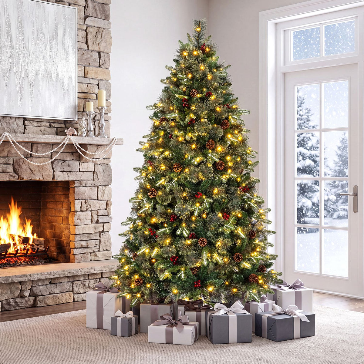 6 ft pre-lit artificial Christmas tree with dual-color LED lights and 9 lighting modes, decorated for holiday festive decor.