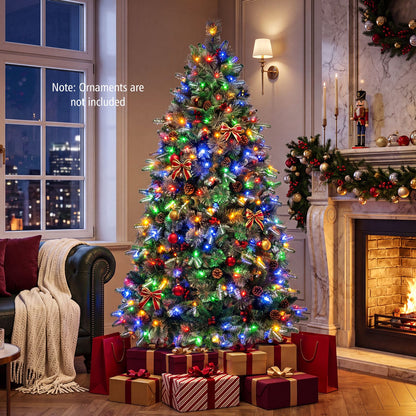 6 ft pre-lit artificial Christmas tree with dual-color LED lights and 9 lighting modes, decorated for holiday celebration.