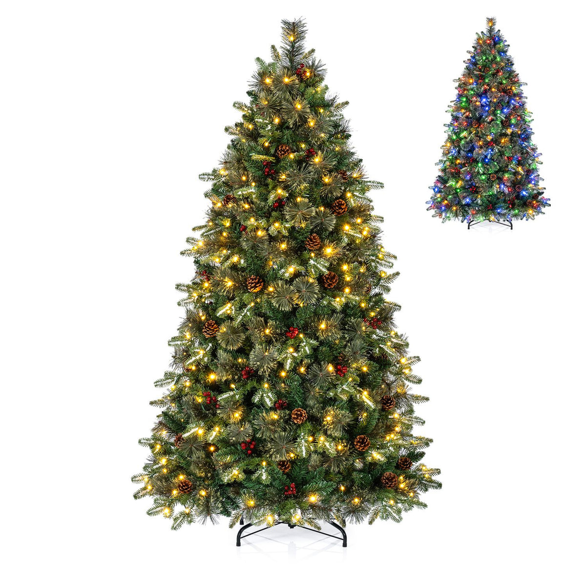 6 ft pre-lit artificial Christmas tree with dual-color LED lights and 9 lighting modes, decorated with ornaments and pine branches.