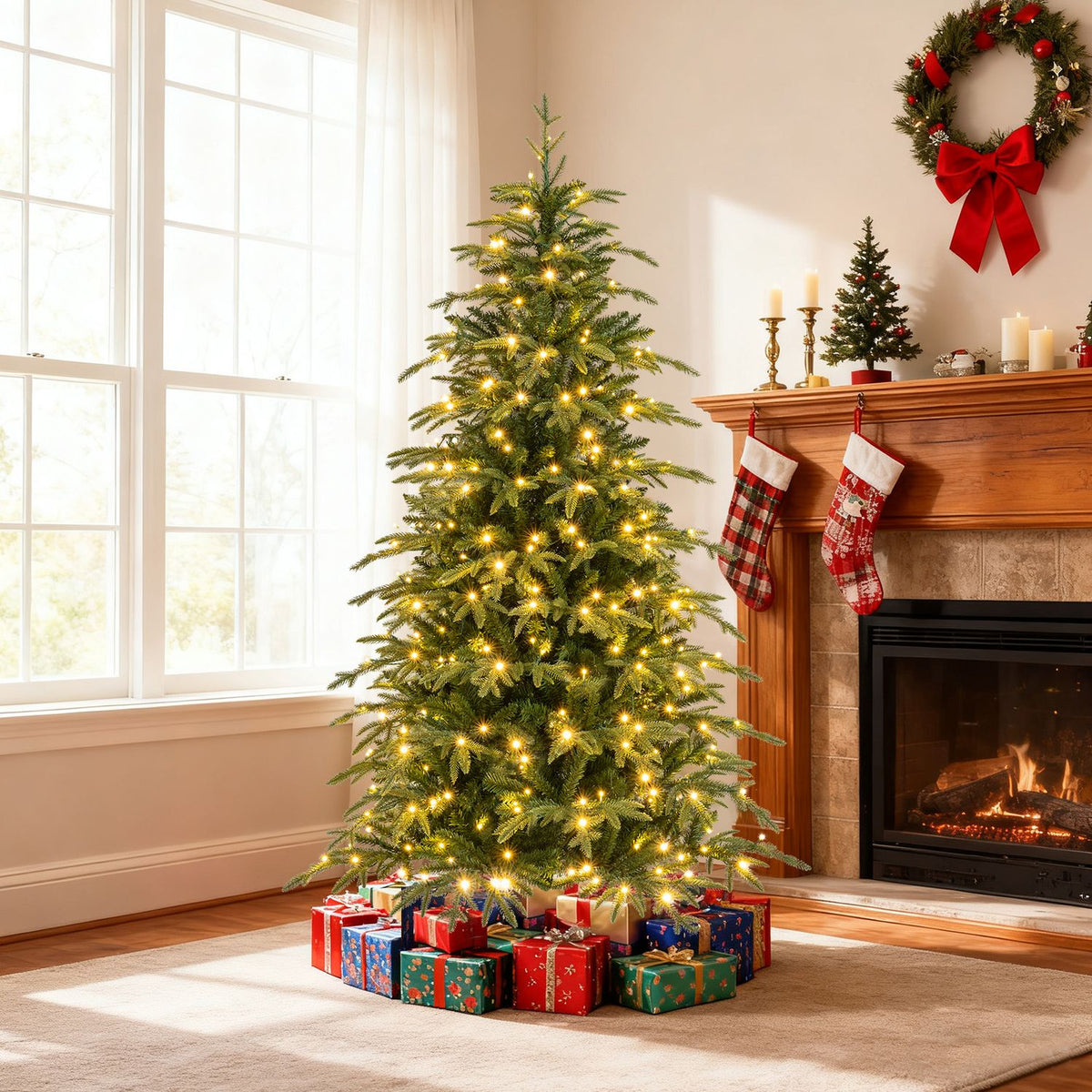 6 FT Pre-Lit Artificial Christmas Tree Hinged Xmas Tree with LED Lights