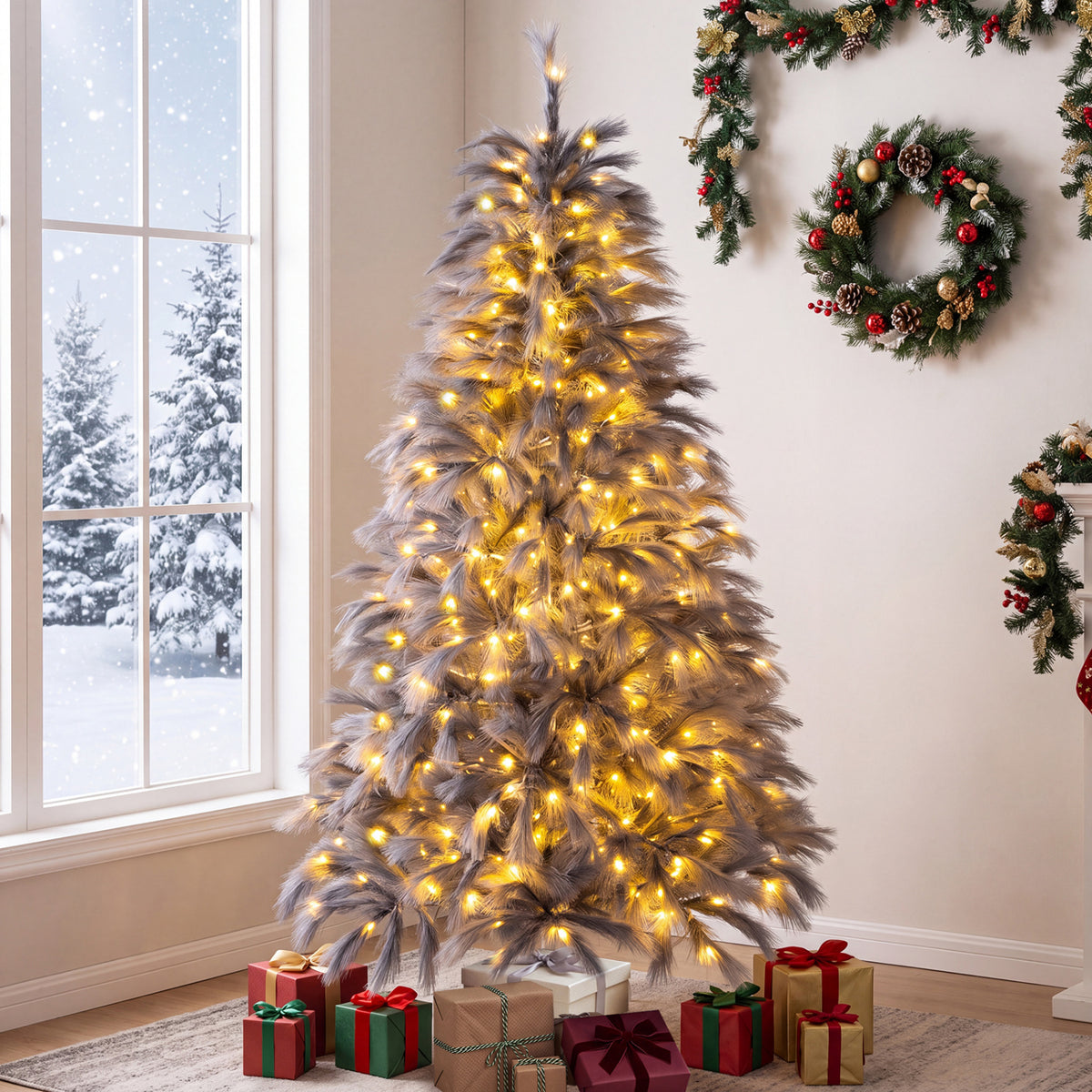 6 FT Pre-Lit Christmas Tree with Feather-Inspired Branch Tips