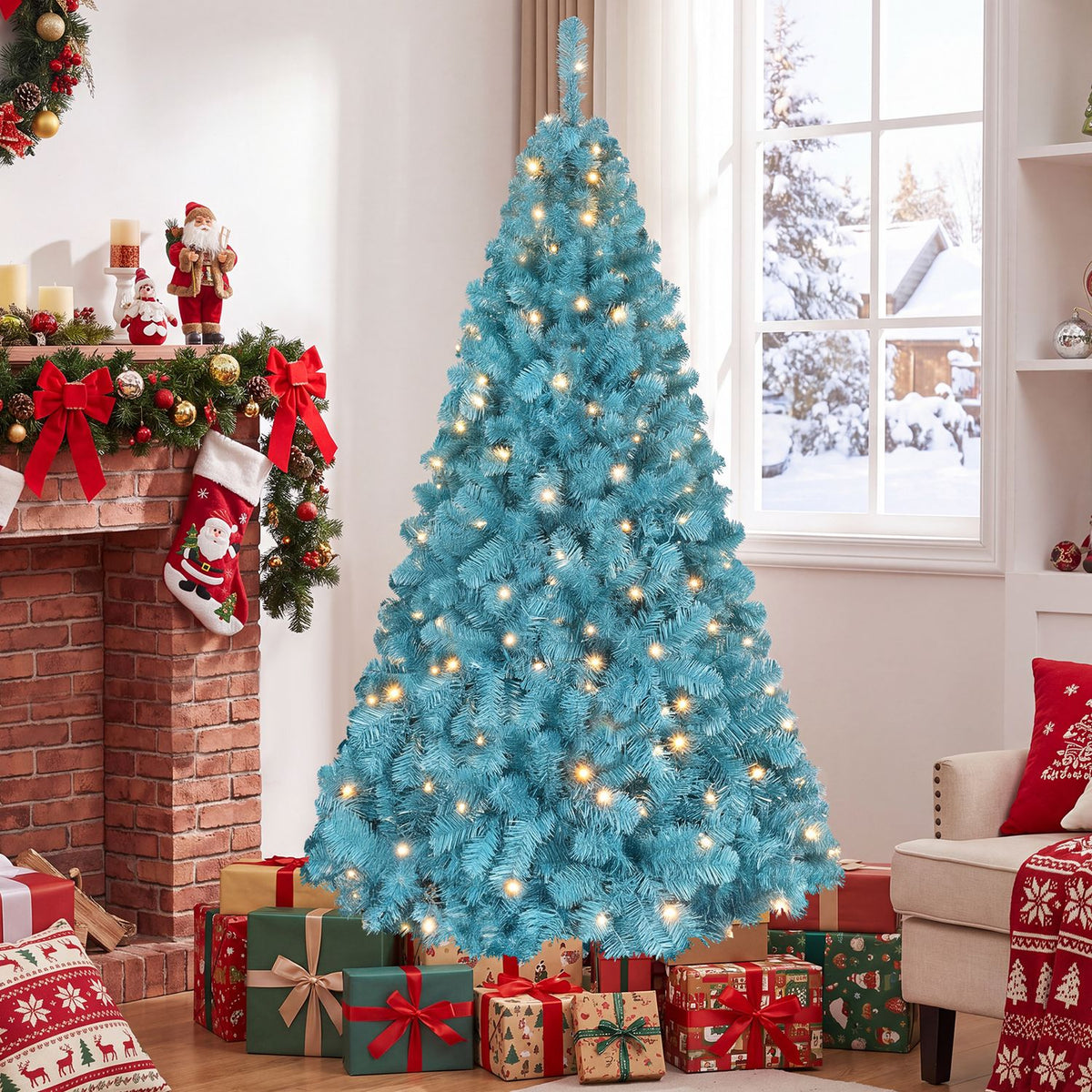 6 FT Pre-Lit Peacock Blue Christmas Tree with 500/250/140/750 Warm White LED Lights