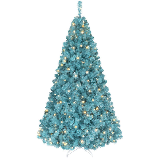 6 ft pre-lit peacock blue Christmas tree decorated with warm white LED lights, perfect for holiday decor and festive celebrations.