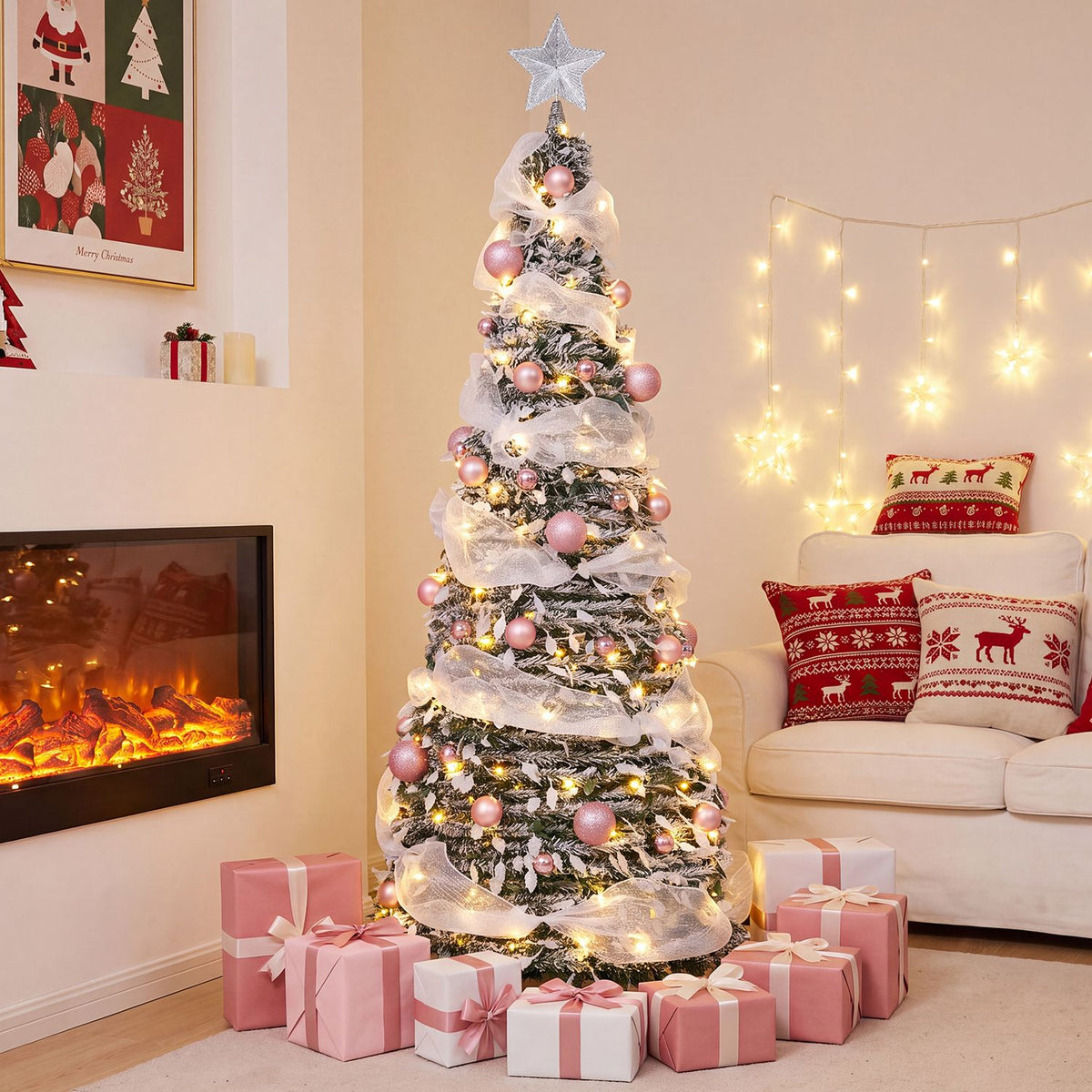 6 FT Pre-Lit Pop up Christmas Tree with 150/180 Warm White LED Lights and 8 Modes