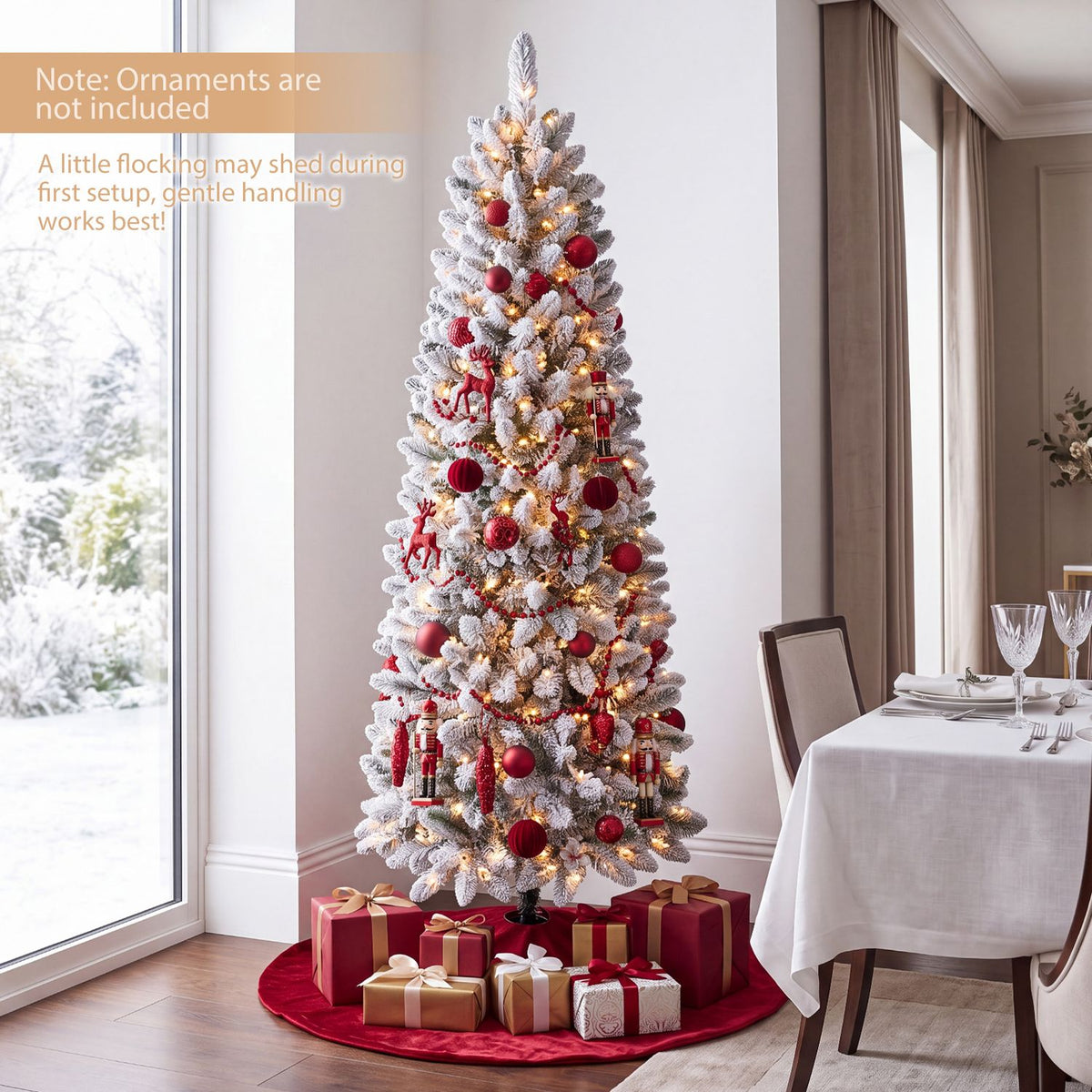 6 ft snow-flocked Christmas tree with pre-lit RGB lights, holiday decor by Wilsons Home Store, decorated with ornaments and pine cones.