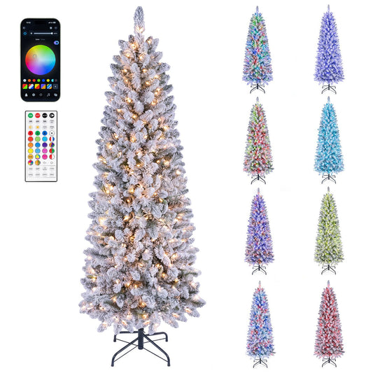6 ft pre-lit snow-flocked Christmas tree with RGB lights, decorated with holiday ornaments, by Direct by Wilsons Home Store