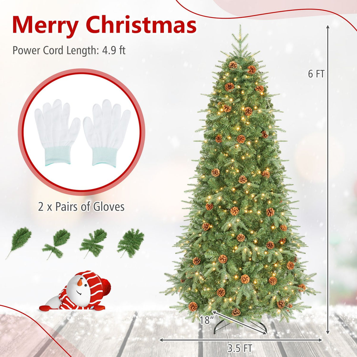 6 Feet Artificial Christmas Tree with LED Lights and Pine Cones