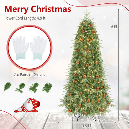 6 Feet Artificial Christmas Tree with LED Lights and Pine Cones