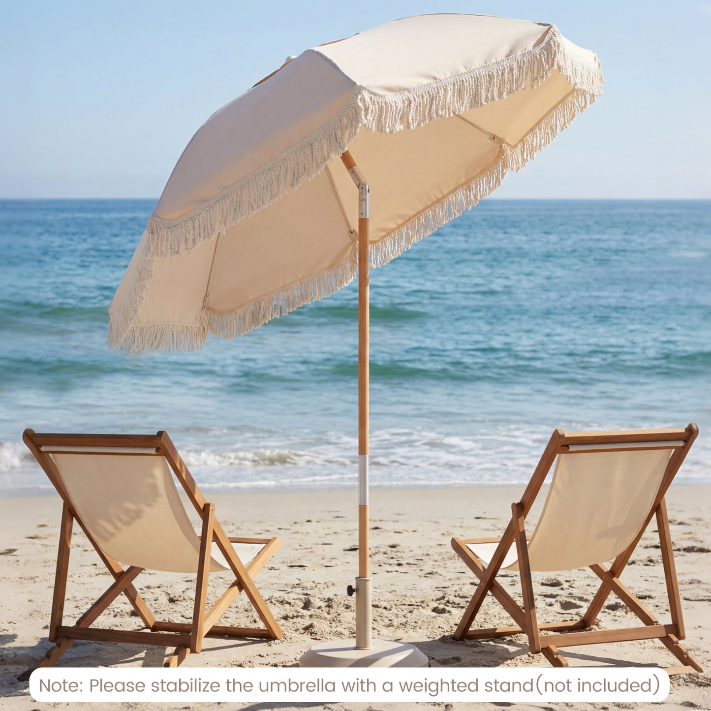 6 Feet Patio Umbrella with Fringe with Push Button Tilt and Wood Pole-White